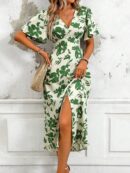 Vestido Largo Elegante de Estampado Tropical con Escote en V y Volantes