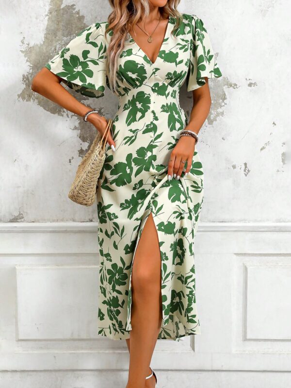 Vestido Largo Elegante de Estampado Tropical con Escote en V y Volantes - Image 14