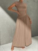 Vestido Midi Asimétrico A-Line Elegante y Simple con Cuello Alto
