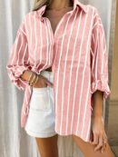 Blusa Casual a Rayas con Botones y Manga Larga