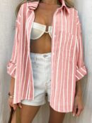 Blusa Casual a Rayas con Botones y Manga Larga
