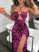 Vestido Largo Halter Sin Mangas con Espalda Descubierta y Abertura Lateral