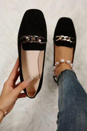 Mocasines Planos de Punta Cuadrada con Cadena Metálica para Mujer