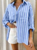 Camisa Casual a Rayas con Mangas Enrollables para Mujer
