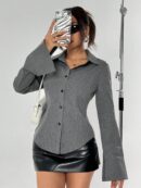 Blusa de Negocios Casual a Rayas con Botones y Manga Larga