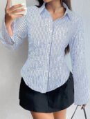 Camisa Casual a Rayas de Manga Larga con Cintura Ajustada