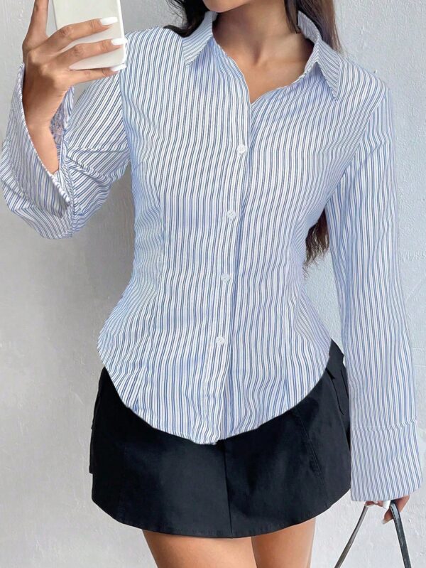 Camisa Casual a Rayas de Manga Larga con Cintura Ajustada - Image 35
