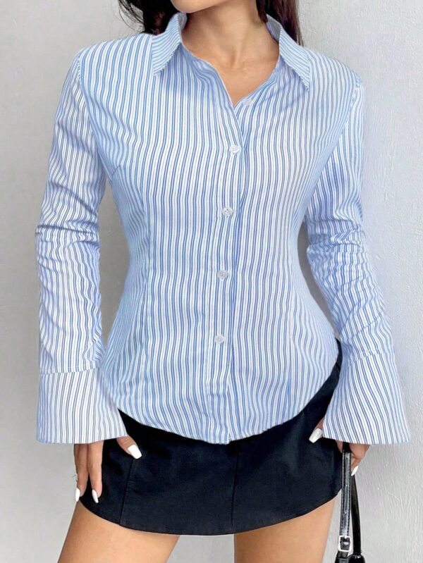 Camisa Casual a Rayas de Manga Larga con Cintura Ajustada - Image 36