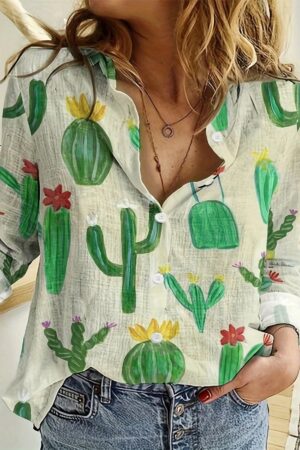 Blusa Casual Estampada Cactus Manga Larga