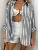 Blusa Casual a Rayas con Botones y Manga Larga