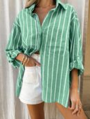 Blusa Casual a Rayas con Botones y Manga Larga