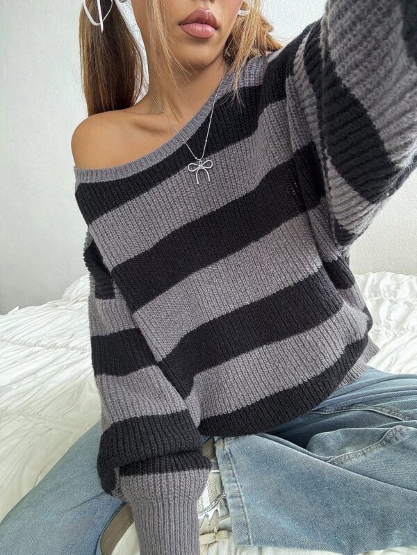 Sweater Casual a Rayas con Hombros Caídos, Manga Larga - Image 8