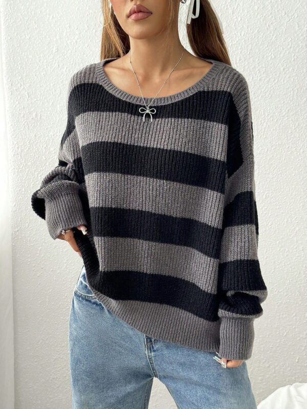 Sweater Casual a Rayas con Hombros Caídos, Manga Larga - Image 10