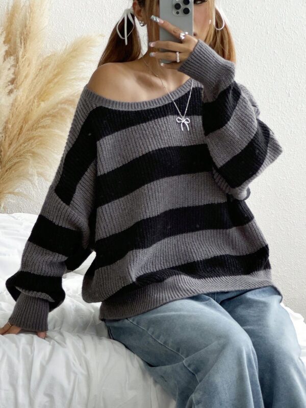 Sweater Casual a Rayas con Hombros Caídos, Manga Larga - Image 14