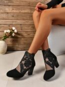 Botas de Encaje Floral con Cierre Trasero y Tacón Cuadrado Alto
