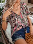 Blusa Floral de Manga Corta con Lazo en el Cuello