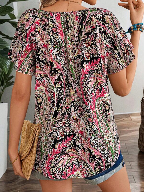 Blusa Floral de Manga Corta con Lazo en el Cuello - Image 8