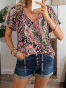 Blusa Floral de Manga Corta con Lazo en el Cuello