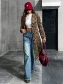 Abrigo de Punto con Estampado de Leopardo y Cuello Mao