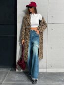 Abrigo de Punto con Estampado de Leopardo y Cuello Mao
