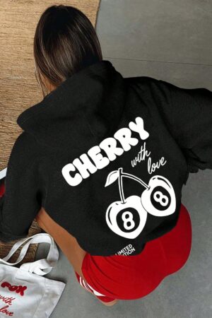 Buzo Casual con Estampado de Cerezas y Letras, Manga Larga