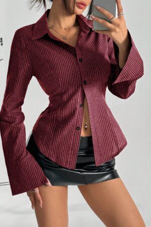 Blusa de Negocios Casual a Rayas con Botones y Manga Larga