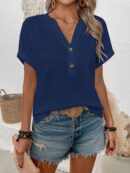 Camiseta de Verano Casual con Cuello en V y Botones Decorativos