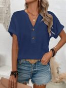 Camiseta de Verano Casual con Cuello en V y Botones Decorativos