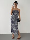 Vestido Strapless Tie Dye con Abertura Lateral y Ruched