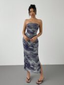 Vestido Strapless Tie Dye con Abertura Lateral y Ruched