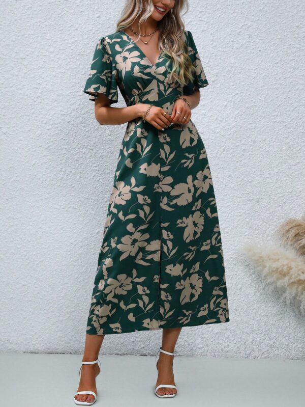 Vestido Largo Elegante de Estampado Tropical con Escote en V y Volantes - Image 5