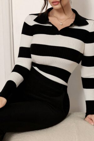 Sweater a Rayas Casual con Cuello de Punto y Manga Larga