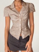 Camisa de Oficina Rayada con Cintura Fruncida y Manga Corta