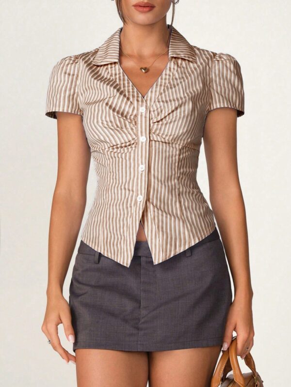 Camisa de Oficina Rayada con Cintura Fruncida y Manga Corta - Image 19