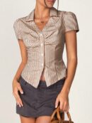 Camisa de Oficina Rayada con Cintura Fruncida y Manga Corta