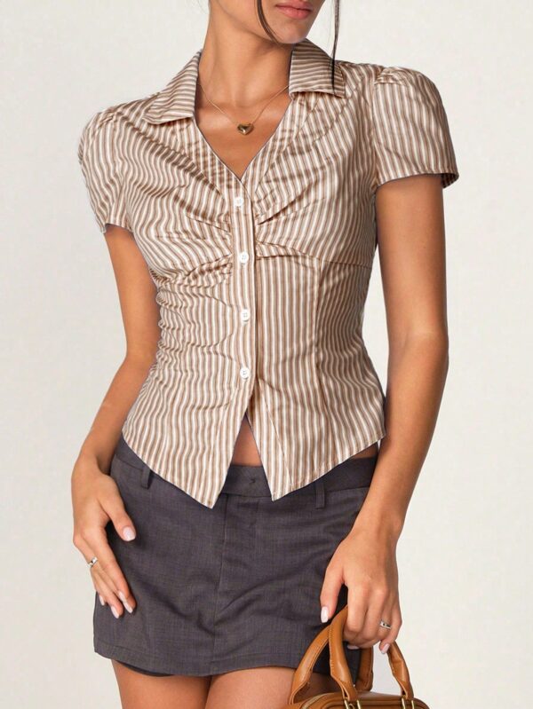 Camisa de Oficina Rayada con Cintura Fruncida y Manga Corta - Image 20