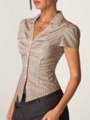 Camisa de Oficina Rayada con Cintura Fruncida y Manga Corta