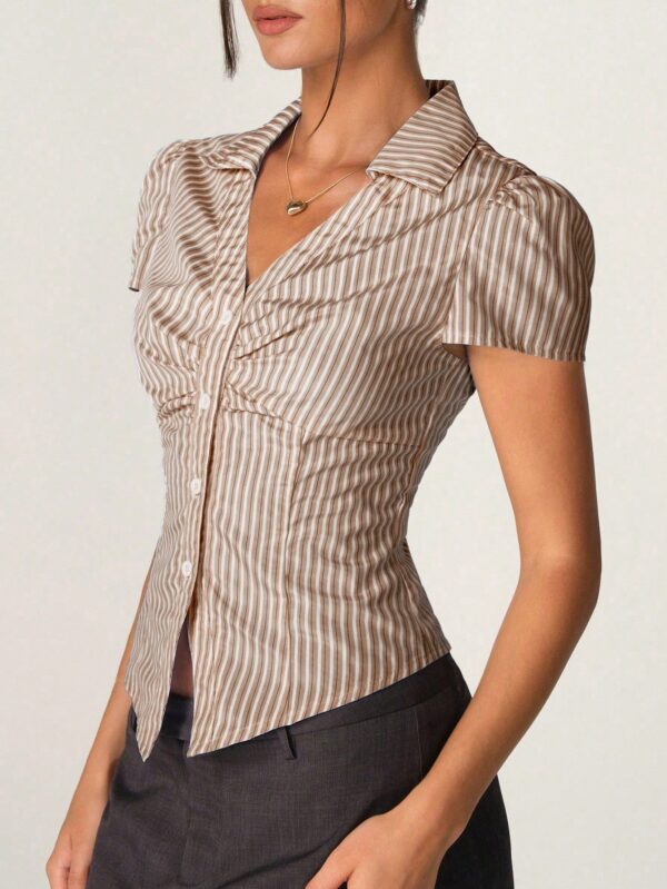 Camisa de Oficina Rayada con Cintura Fruncida y Manga Corta - Image 21