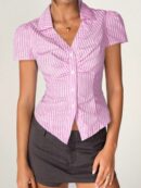 Camisa de Oficina Rayada con Cintura Fruncida y Manga Corta