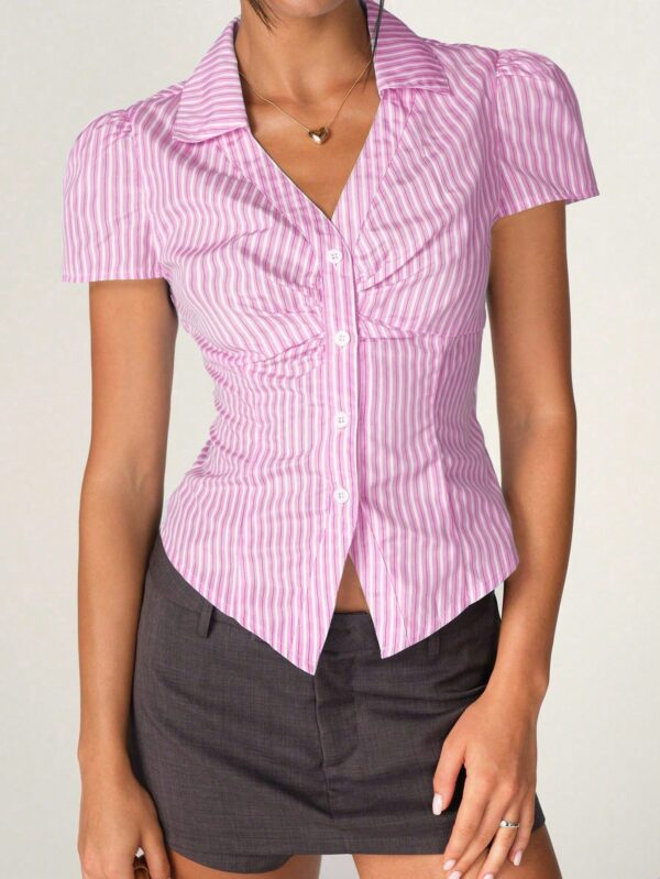 Camisa de Oficina Rayada con Cintura Fruncida y Manga Corta - Image 4