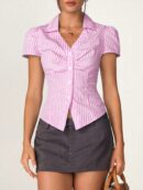 Camisa de Oficina Rayada con Cintura Fruncida y Manga Corta