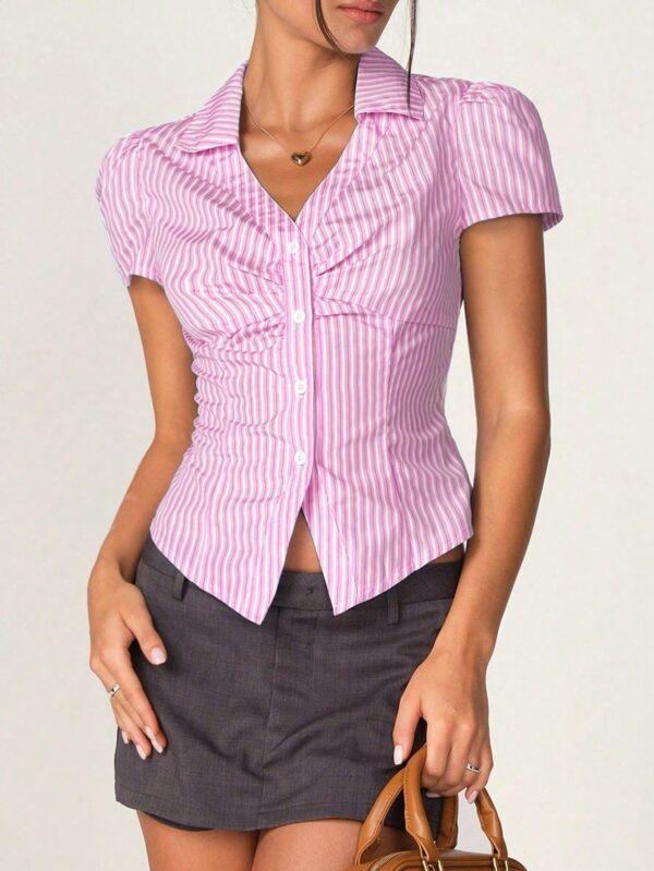Camisa de Oficina Rayada con Cintura Fruncida y Manga Corta - Image 6