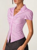 Camisa de Oficina Rayada con Cintura Fruncida y Manga Corta