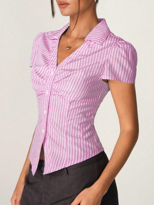 Camisa de Oficina Rayada con Cintura Fruncida y Manga Corta - Image 7