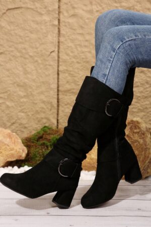Botas Altas de Tacón Cónico con Hebilla y Pliegues Estilo Europeo