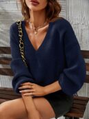 Sweater V-Neck con Hombros Caídos Estilo Francés