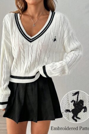 Sweater a Rayas con Cuello en V y Manga Larga