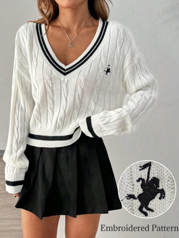Sweater a Rayas con Cuello en V y Manga Larga