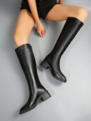 Botas Cortas de Cuero Negras para Mujer, Estilo Caballero de Otoño e Invierno
