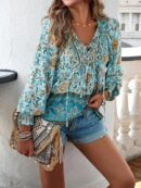 Blusa Floral con Lazada al Cuello y Mangas Farol